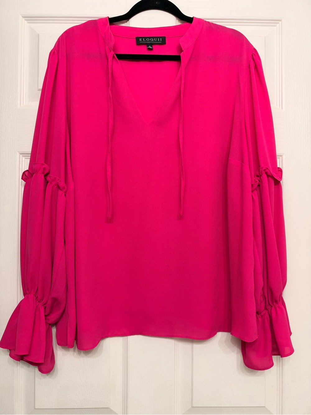 ELOQUII Hot Pink Ruffle Sleeve Tie Neck Blouse Size 18